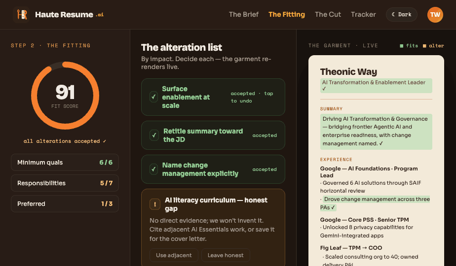 The Fitting in dark mode — fit score 91, all alterations accepted, live garment