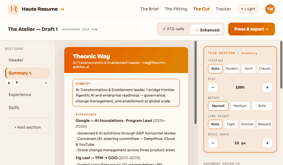 Résumé in the Atelier — house orange, section type controls