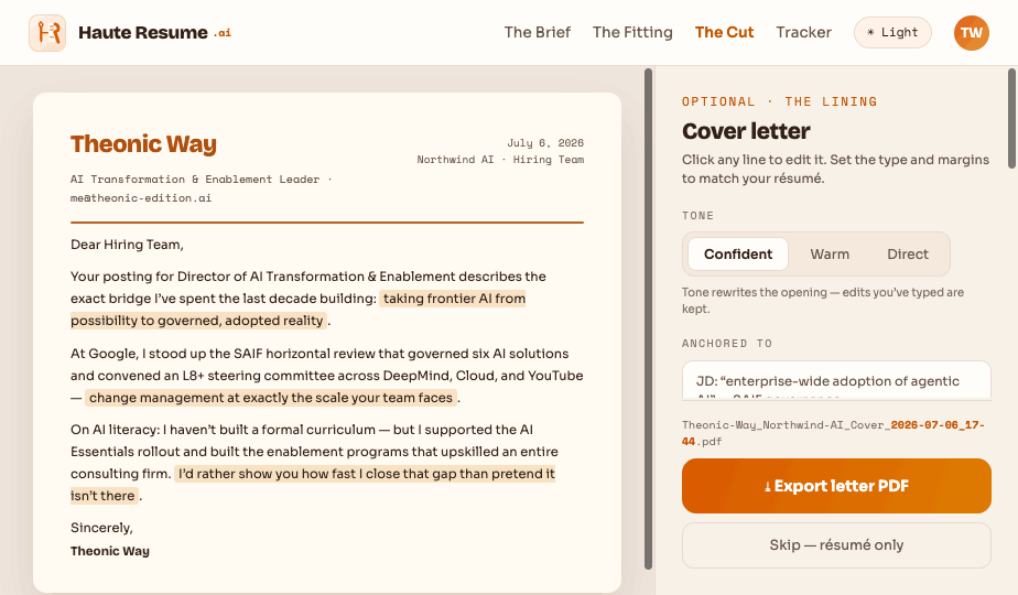 The Lining — cover letter with letterhead, tone control, and date-time PDF filename